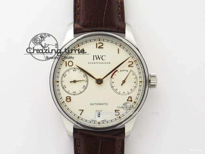 MIROTIME 0122 Sustainable Portuguese IW5444 SS White Dial RG Numbers On Brown Leather Strap A 7256